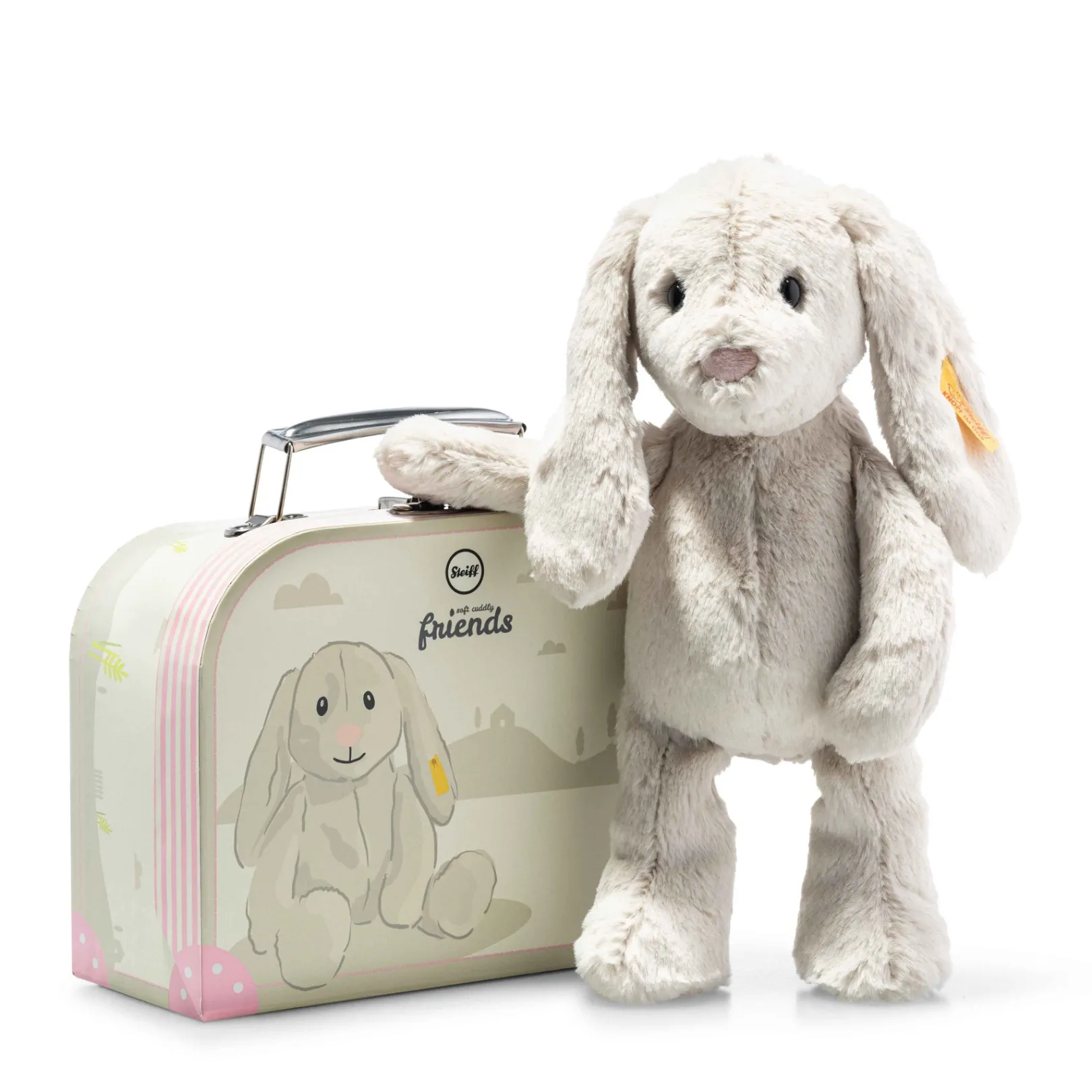 Best Steiff Hoppie rabbit in suitcase, 26 cm, light grey